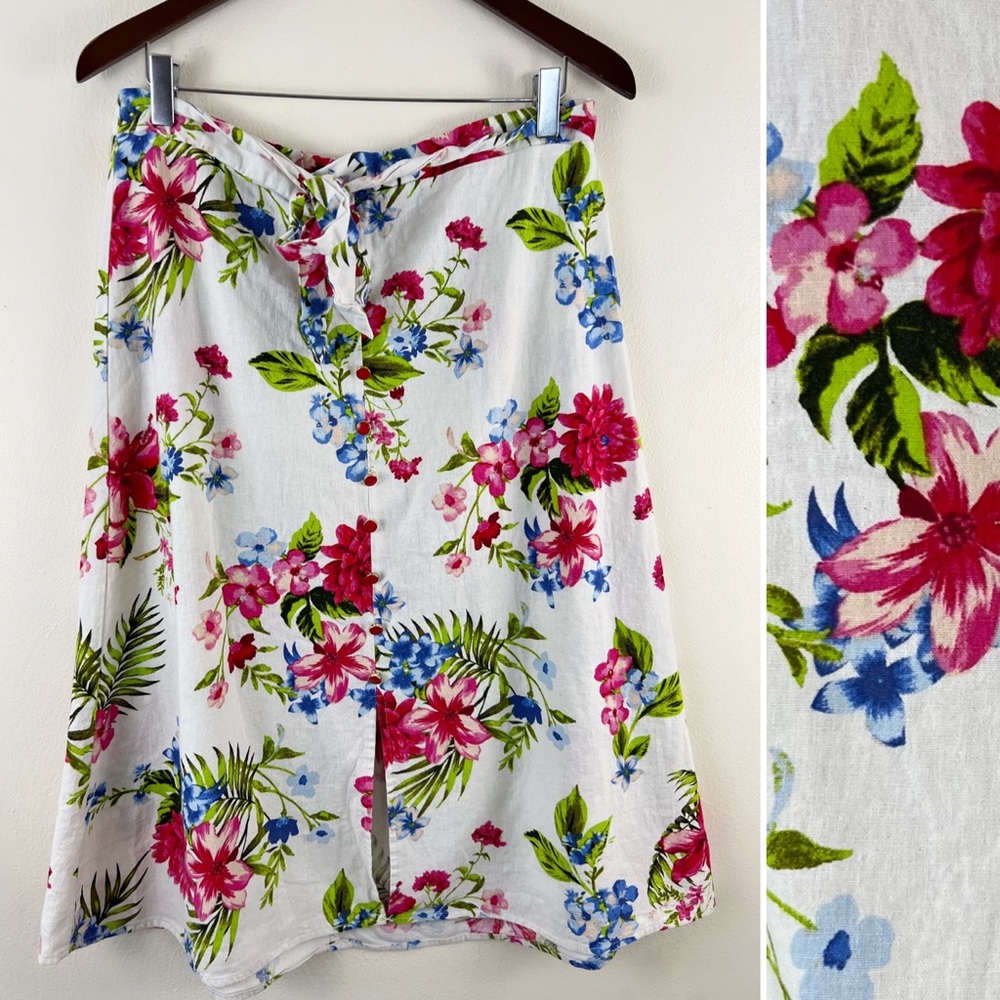 Linen Blend NYCC Tropical Floral Print Button Down A-Line Tie Waist Midi Skirt